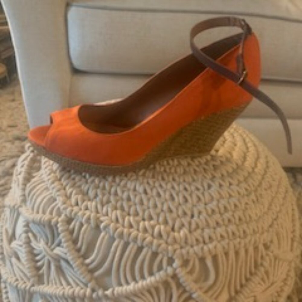Orange Suede Open-Toe Espadrille Wedges